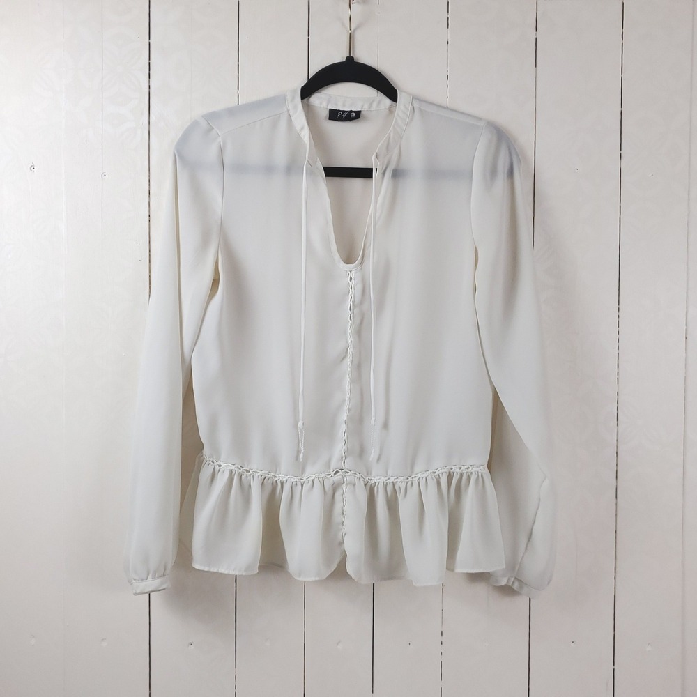 Cream Peplum Blouse XS Fairy Goth Coquette Tie Neck a.n.a A New Approach